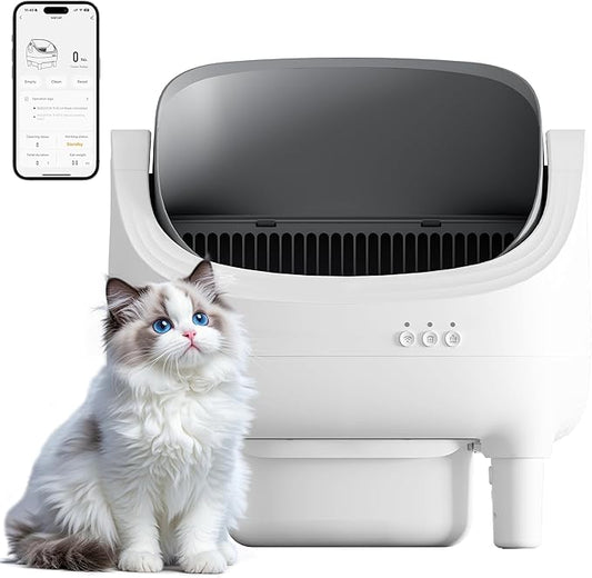 Greesum Automatic Self-Cleaning Litter Box for Cats - Open-Top Design, Easy Odor Control, Smart APP Control, 15L Large Waste Bin, Includes Trash Bags & Mat (Grey)