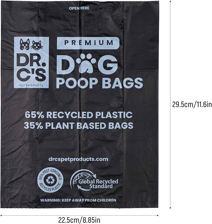 Certified 65% PCR (Post Consumer Recycled) Plastic and 35% Plant Based Dog Poop Bags - Dr. C's Premium Dog Poop Bags - 270 Bags / 18 Rolls, Extra thick, Leak Proof, Unscented, Earth Friendly