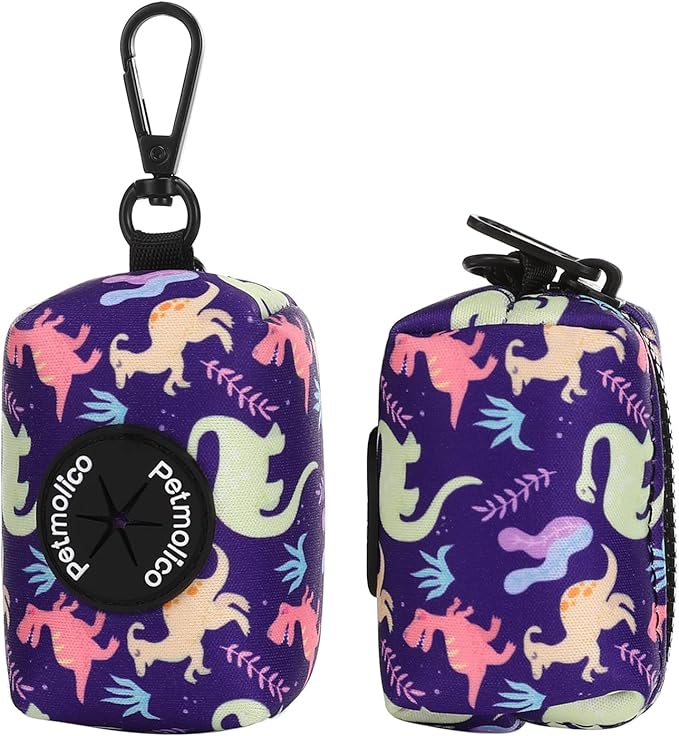 Attachment,Waste Bag Dispenser Zippered Pouch, Fits Any Leash, Includes Free Roll of Dog Bags, Poop Bag Dispenser - 2 Packs, Little Dinosaurs
