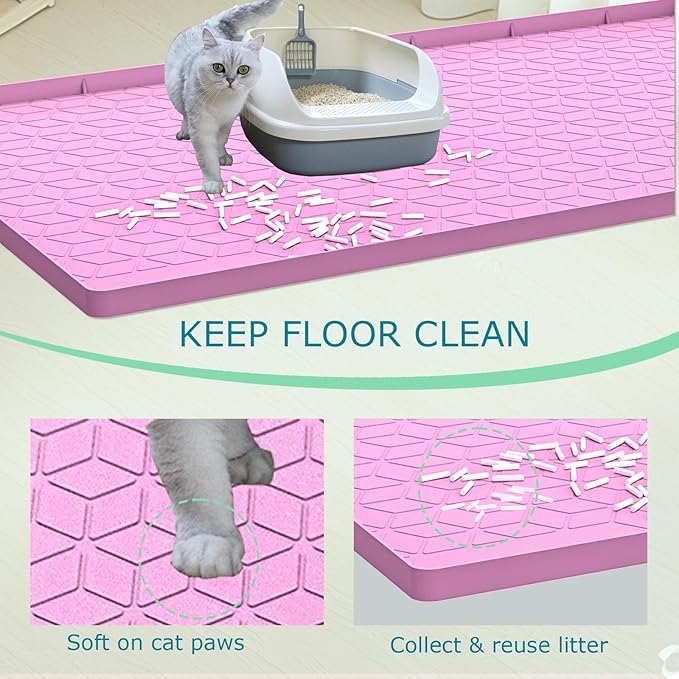 Cat Litter Mat, Silicone Large Cat Mat for Litter Box - 28x22 in, Waterproof & Non-Slip, Durable & Easy Clean, Pink