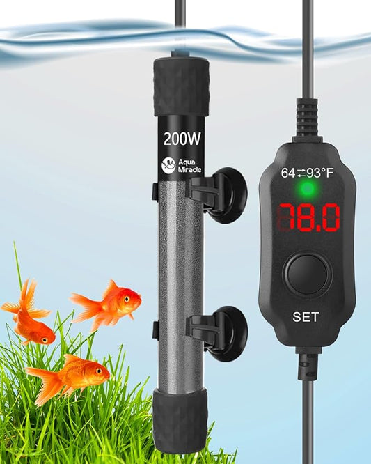 AquaMiracle Adjustable 200W Aquarium Heater Submersible Fish Tank Heater Super Short Aquarium Heater with LED Digital Display Thermostat, for Tanks 20-40 Gallons