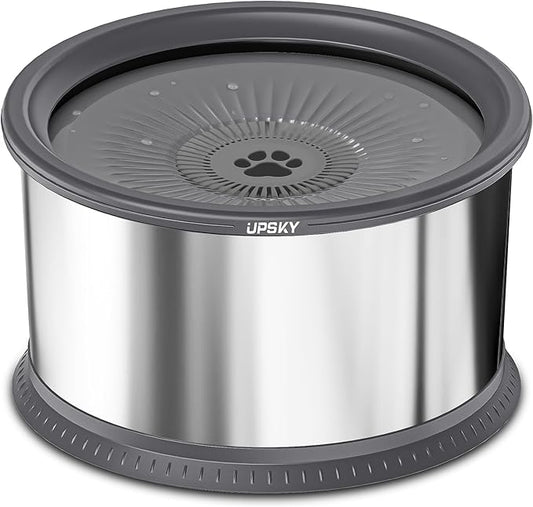 UPSKY 6.5L Dog Water Bowl,1.6 Gallon Super Large Capacity No Spill Dog Water Bowl,Stainless Steel Spill Proof Slow Water Feeder,No Splash Water Bowl with Anti-Slip Mat for Messy Drinkers Grey