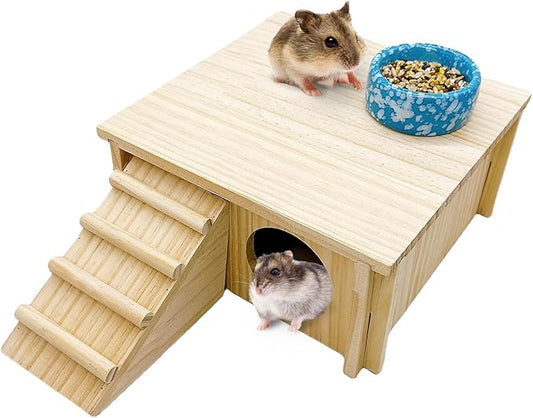Wooden Hamster Hideout Gerbil House with Climbing Ladder and Window Habitats Decor Detachable Syrian Hamster Cage Accessories for Rat Gerbils and Other Small Pets