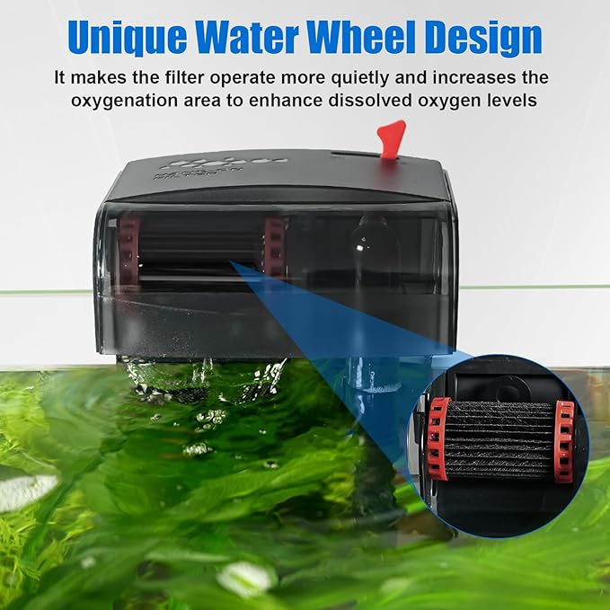 AQQA Aquarium Filter 5-20 Gallon Fish Tank Filters with Bio-Wheel Power, Hang On Back Aquarium Filter, Adjustable Flow Hob Filter, Quiet Efficient and Silent Operation (5W 80GPH)