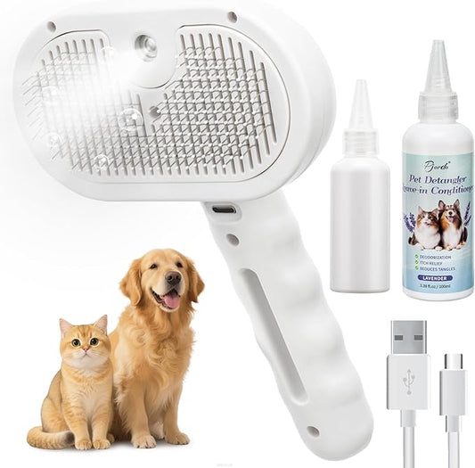 Pet Steam Brush for Dogs & Cats with Pet Conditioner, 4 in 1 Spray Hair Removal Comb for Shedding & Grooming, Self Cleaning Water Brush for Long & Short Haired Pets