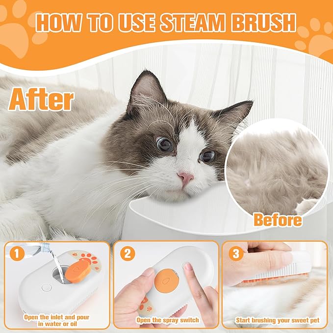 Cat Steam Brush,Rechargeable Pet Steam Brush for Cats Dogs,Silicone Dog Brushes for Short&Long Haired Dogs,3 In 1 Pet Hair Remover Tool for Massage Grooming,Cleaning,Shedding White