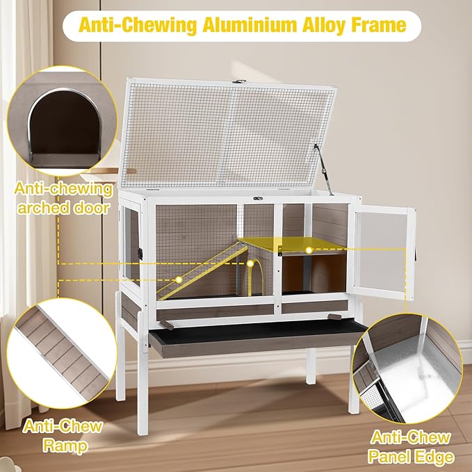 Aivituvin 2-Story Rabbit Hutch with Anti-Chew Ramp & Zinc Sheet - 36.6" Indoor Guinea Pig Cage, Wooden Stand, Pull-Out Tray & Leakproof Floor (Brown)