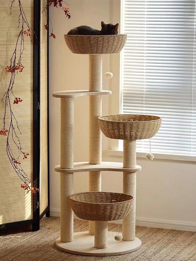 54" Large Modern Cat Trees, Luxury Rattan Oak Solid Wood Cat Trees Towers，3 Weaving Cat Nests & Washable Cool Cushions, Sisal Scratching Posts,Cat Condo for Indoor Cats- Wood Wax Oil Version