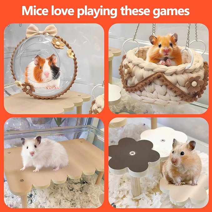 4-Pack Wooden Rat Cage Accessories - Platforms, Ladders & Hammocks Set for Chinchillas, Hamsters, Gerbils (for Iron/Wooden, Acrylic Hamster Cages + Customizable Layout) (9.1x5.6x4.3)