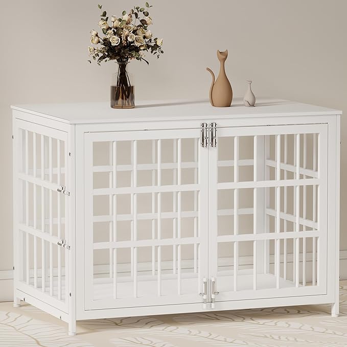 38 Inch Heavy Duty Wooden Dog Kennel End Table with Double Door Design and Secure Locks, Indoor Pet Crate Furniture for Medium Dogs, Decorative Home Cage Design,White