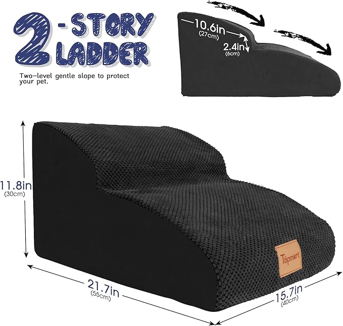 Topmart High Density Extended Foam Dog Ramp&Steps 2 Tiers,11.8" High,Non-Slip Dog Stairs,Soft Foam Pet Ladder with Waterproof Cover,Best for Injured,Older Cats,Pets with Joint Pain