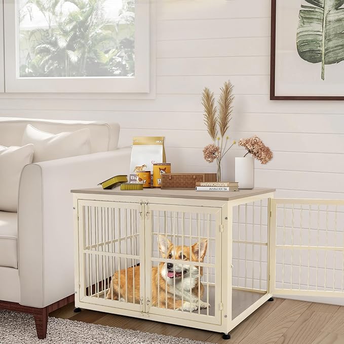 32 Inch Heavy Duty Dog Crate Furniture for Medium and Small Dogs, Decorative Pet House End Table, Wooden Cage Kennel Furniture Indoor with Double Doors, Sturdy Dog Cage for Anxiety Dog