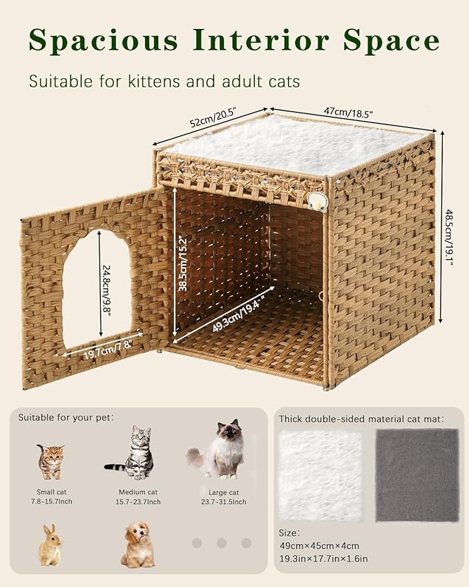 Cat Beds for Indoor Cats Extra Large Double Cat Cave Pet Cube, Handwoven Rattan Cat Houses with Double-Sided Soft Cushions, 18.5 x 20.5 x 19.1 Inches Foldable Hideaway in Living Room Natural