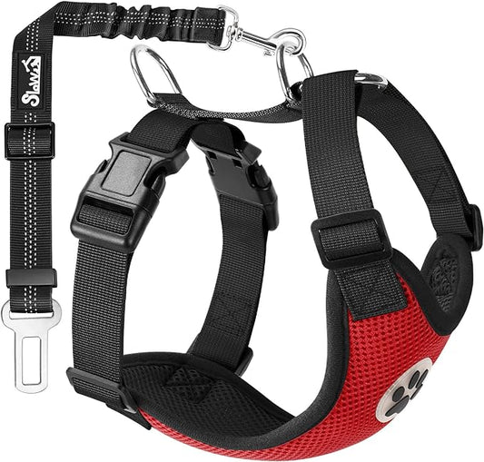 SlowTon Dog Seat Belt Harness for Car, Dog Car Harness Adjustable Mesh Breathable & Dog Seatbelt Safety Tether with Elastic Bungee for Small Medium Large Pets(Red, Single Clip, XXXS)