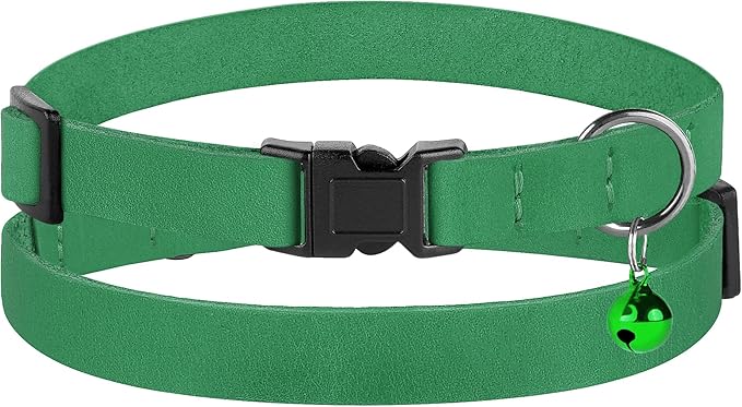 Breakaway Cat Collar Leather with Removable Bell - 13 Colors Available - Soft Adjustable Girl Boy Safety Lightweight Pet Kitten Collars Pink Brown Blue Green Red Orange Black (Green)