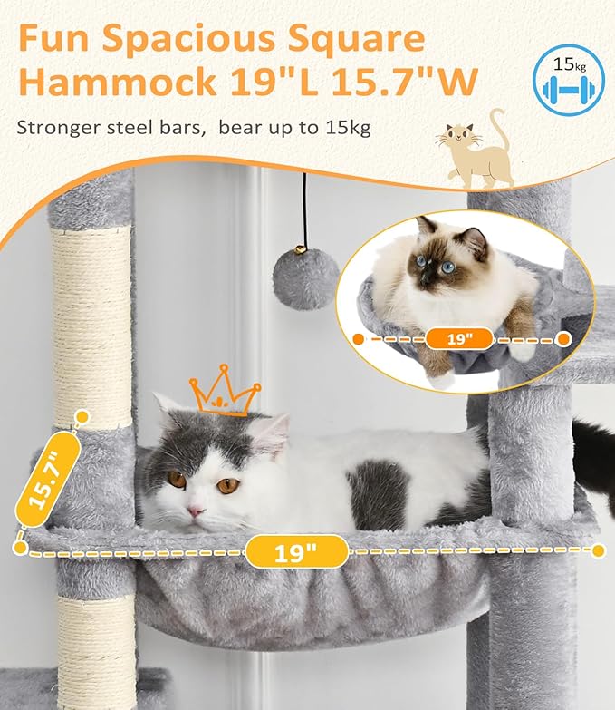 Cat Tree Large Cat Tower Tree 68" Multi-Level Cat Tower for Indoor Cats with Sisal Scratching Posts, Widen Cat Perche, Square Hammock, 2 Widen Condos, Scratching Posts, Light Grey