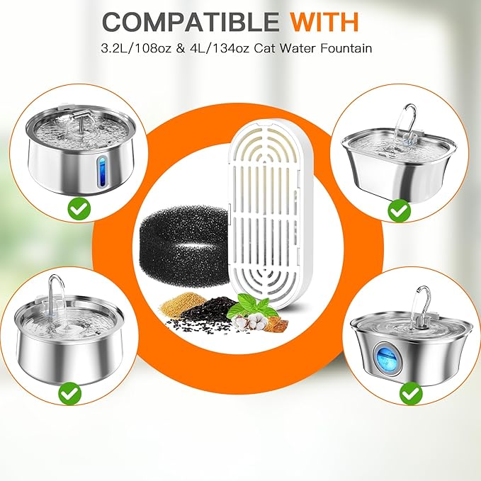 Cat Water Fountain Filters for 108/3.2L& 4L/134oz Stainless Steel Pet Water Dispenser Fountain Filters (6 Filters& 6Sponges) (6 Filters& 6 Sponges)
