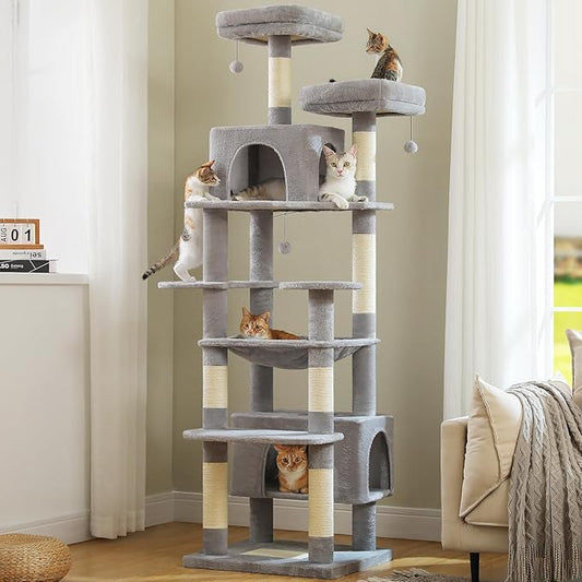PAWZ Road Heavy Duty Cat Tree for Large Cats, 81 Inches Tall Cat Tower with 2 Perches, 2 Condos and Spacious Hammock, XL Extra Large Condo with 7 Scratching Posts for 20lb+ Adult Cats,Gray