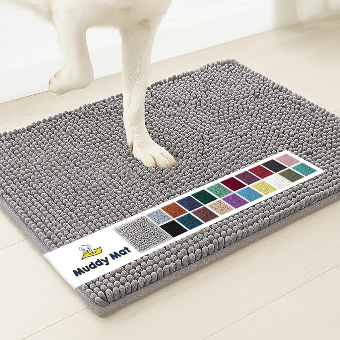 Muddy Mat® Shown on TV – Super Absorbent Microfiber Dog Door Mat for Muddy Paws, Non-Slip Washable Pet Rug, Quick Dry Chenille Entryway Carpet, Machine Washable Indoor Outdoor mat, Grey 28"x18"