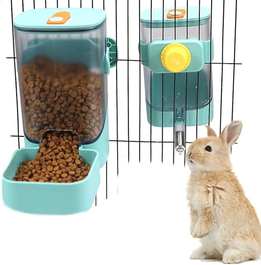 PODOO Rabbit Food Water Dispenser, 24oz No Drip Bunny Water Feeder, 34oz Large Hanging Automatic Pet Food Dispenser, Hanging Outside or Inside The Cage for Small Animals (Food+Water)