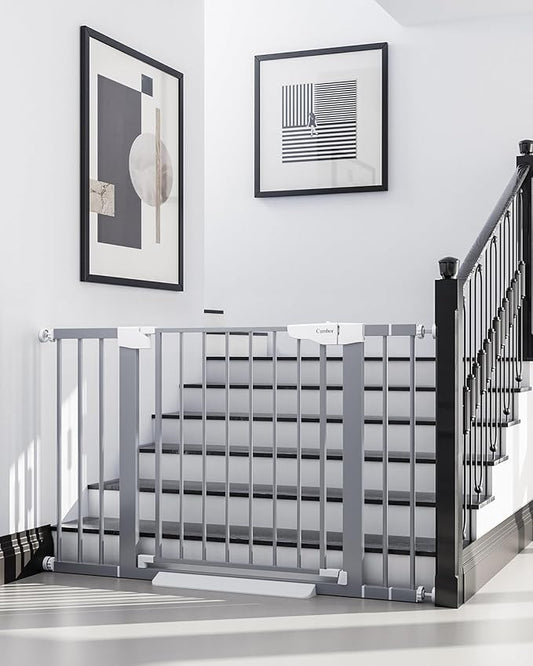 Cumbor 29.7-46" Baby Gate for Stairs, Gifts for Mom-Auto Close Dog Gate for The House, Easy Install Pressure Mounted Pet Gates for Doorways, Easy Walk Thru Wide Safety Gate for Dog, Gray