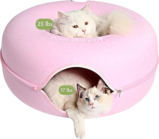 Cattasaurus Peekaboo Cat Cave for Multiple & Large Cats Up to 30-45 Lbs, Scratch Detachable & Washable Tunnel Bed, Comfy Donut Cat Cave (Pink, Large)