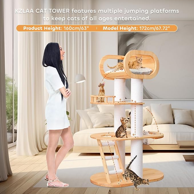 63.6'' Modern Cat Tree Indoor, Solid Wood Cat Tree with Scratching Post for Multi-Cat Families, Tall Cat Tower with Auxiliary Stairs, Huge Condo for Large Cats