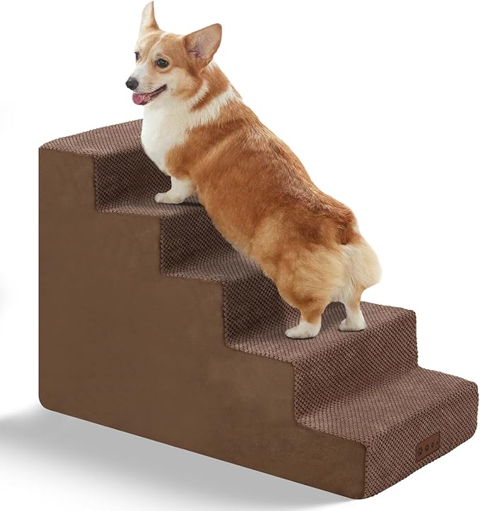 GGIB Dog Stairs for Small Dogs Cats Non-Slip Dog Steps for High Bed Pet Stairs for Sofa Couch Pet Ramp Pet Steps with Removable Washable Cover, Brown, 22" H, 5-Step