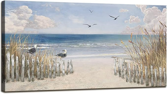 XXMWallArt FC3750 Sandy Beach Wall Art Canvas Print Wall Art Seascape Blue Print Painting Abstract Coastal Picture Modern Ocean Artwork for Living Room Bedroom Bathroom Office Wall Decor