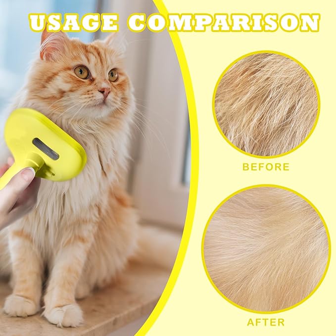 Cat Brush for Shedding - Pet Hair Removal Comb with Water Tank, Steam Brush, Cat Bath Brush, Dog Brush - Yellow