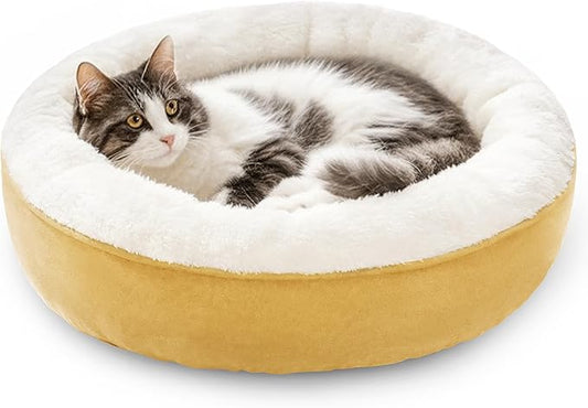 Love's cabin Yellow Round Donut Cat Bed, 20x20in, Soft Durable Fabric, Anti-Slip Water-Resistant, Washable Pet Bed