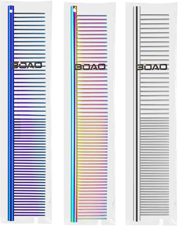 3 Pcs Stainless Steel Combs for Matted Hair - Grooming Clippers with Guide Combs for Removing Tangles and Knots in Long Haired Dogs and Cats