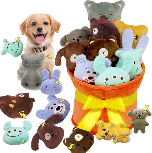 Squeaky Dog Toys, 11 Pcs Interactive Dog Plush Toy Collection in Flower Bouquet Packaging,10 Adorable Animal Plushies for Endless Play & Training