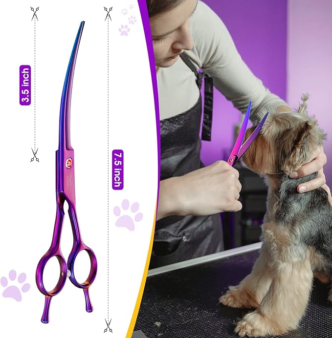 JASON Curved Shears for Dogs - 7.5" Pet Grooming Scissors with Ergonomic Handle Japanese Stainless Steel Trimming Scissor for Dogs, Cats and Other Pets, Sharp (Up-Curved, Purple)