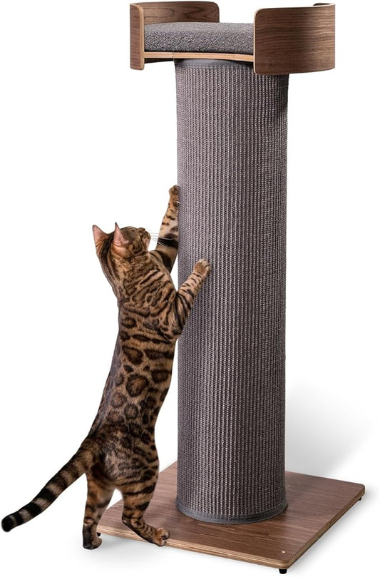 ONE FAST CAT - Giant Scratching Tower w/Perch - 44.5" Height with Replaceable Sisal and Removable Bed - Walnut