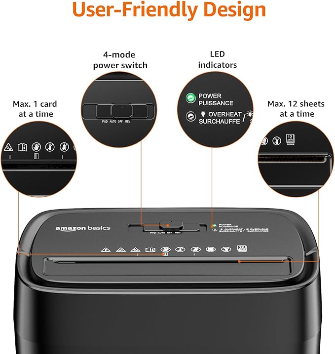 Amazon Basics Cross Cut Paper and Credit Card Shredder, 12 Sheet (New Model), Black