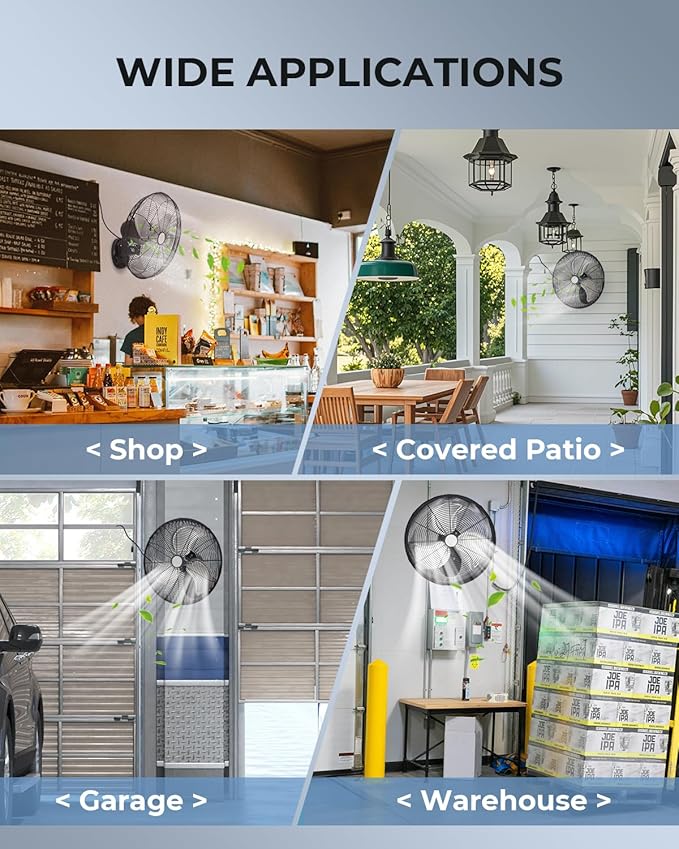 20 inch Wall Mount Fan Oscillating, 3-Speed 5500 CFM High Velocity Industrial Wall Mounted Fan, Heavy Duty Air Circulator for Garage, Shop, Gym, Workshop, Covered Patio - UL Listed