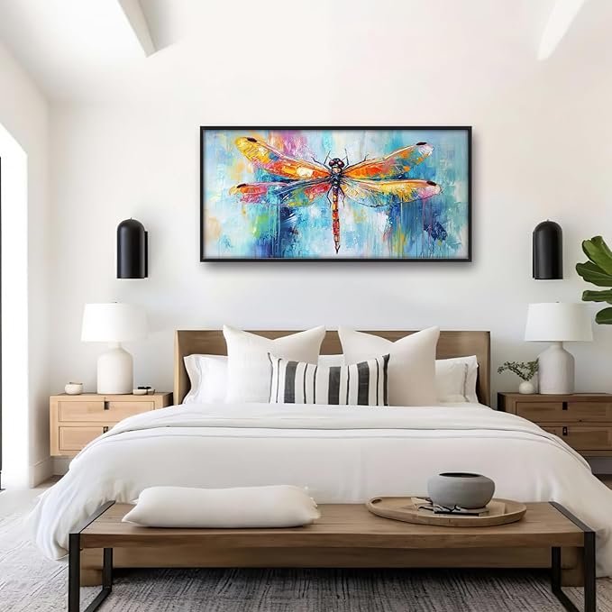 Extra Large Abstract Dragonfly Framed Wall Art for Living Room,Oversized Colorful Dragonfly Pictures Wall Decor,Teal Canvas Print Painting Modern Artwork Bedroom Office Bathroom 60L" x 30W"