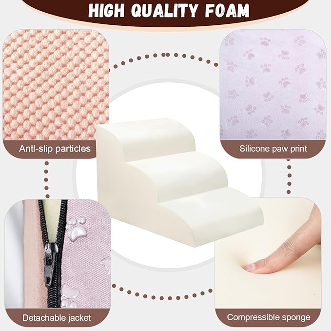 Dog Stairs for Small Dogs - High Density Foam Pet Steps, Extra Wide Dog Ramp with Non-Slip Bottom for High Beds, Couch and Sofa, Best for Dogs Injured, Older Doggy Cats,3 Steps, Pink