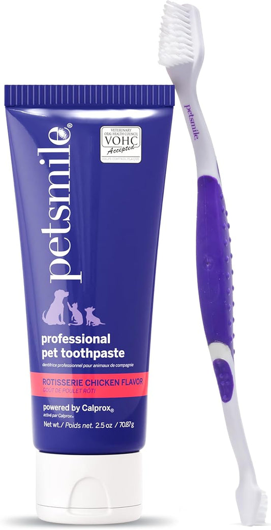 Petsmile Professional Pet Teeth Brushing Kit for Cats & Dogs - Only VOHC Accepted Toothpaste & Patented Toothbrush - Proven to Control Plaque & Tartar Calprox Formula (Rotisserie Chicken, 2.5 Oz)