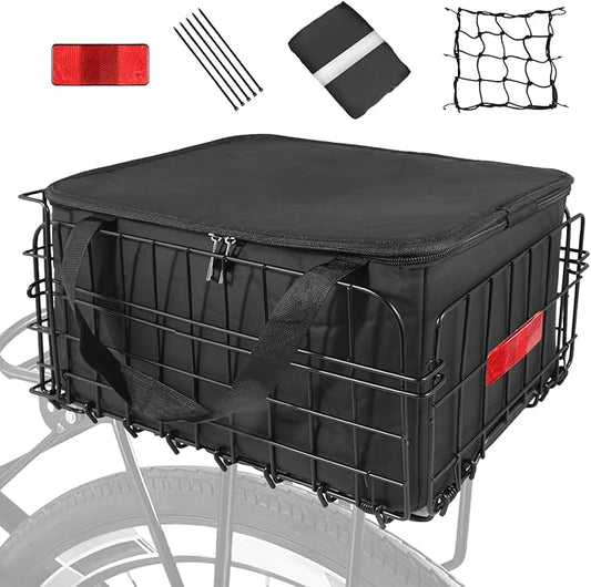 Bike Basket Rear, Folding Bicycle Basket with Removable Waterproof Liner Bag, Rear Bike Cargo Rack, Bike Accessories Frame Basket for Adult Women Men Carrying Dogs,Pet,Grocery,Quick Release Design
