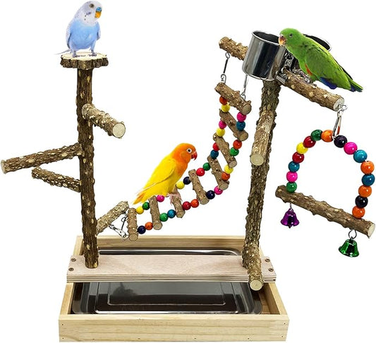 Tfwadmx Bird Playground Natural Wood Bird Play Stands Parrot Perch Stand with Removable Tray Climb Ladders Swing Chewing Toys for Lovebirds Cockatiels Budgies