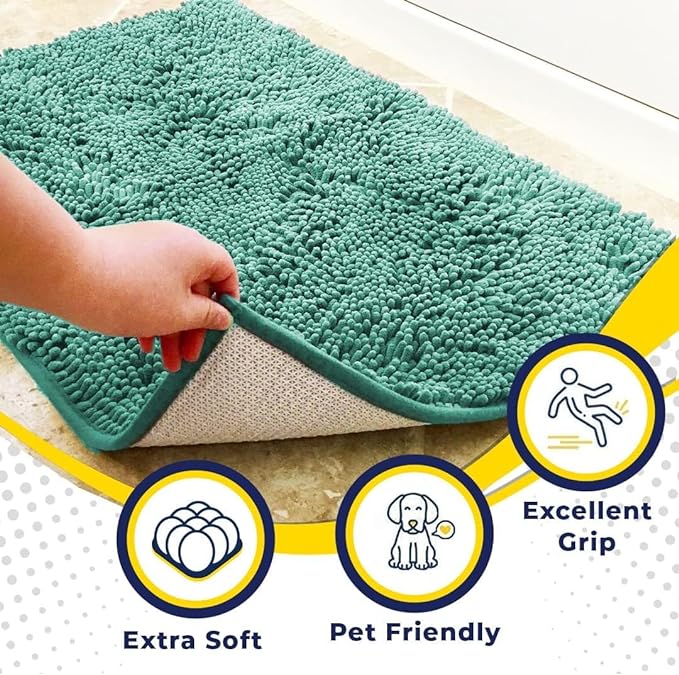 Muddy Mat® AS-SEEN-ON-TV Highly Absorbent Microfiber Door Mat and Pet Rug, Non Slip Thick Washable Area and Bath Mat Soft Chenille for Kitchen Bedroom Indoor and Outdoor - Seafoam Green 24" x 96"
