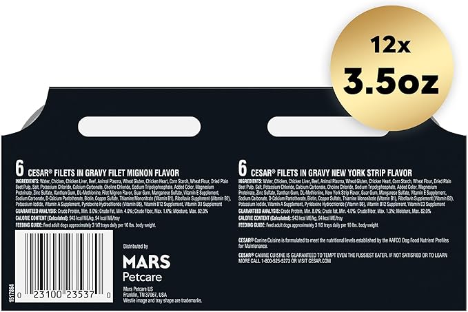 Cesar Filets in Gravy Adult Wet Dog Food, Filet Mignon and New York Strip Flavors Variety Pack, 3.5 oz. (12 Count, Pack of 1)