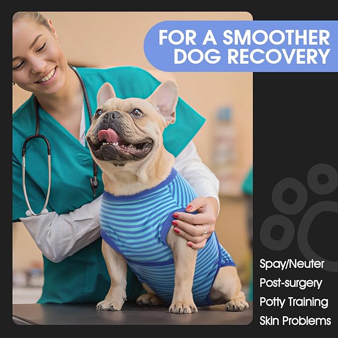 FUAMEY Recovery Suit for Dogs After Surgery,Soft Breathable Dog Bodysuit E-Collar & Cone Alternative Surgical Suit,Male Female Dog Neuter Spay Suits Anti Licking Wounds Onesie Navy Blue Strips XS