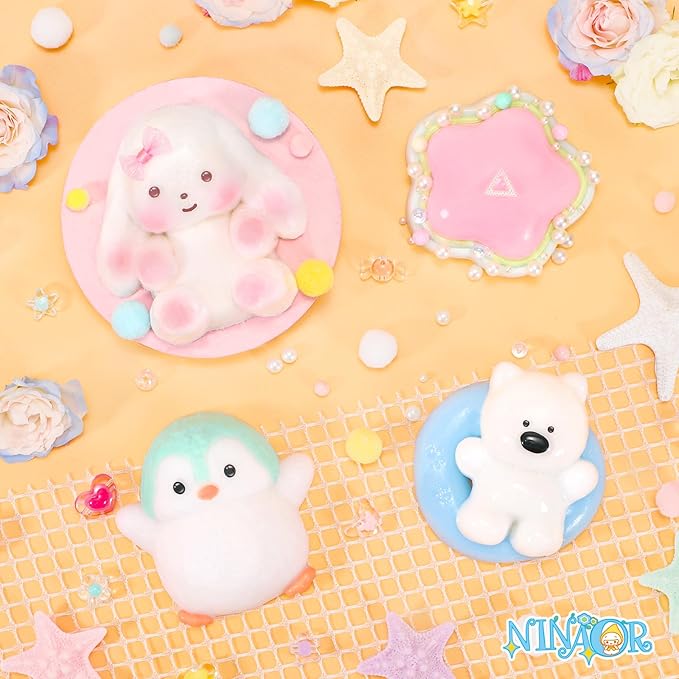 Squishy Fidget Toys 4Pcs, Cute Penguin Bunny Pool Dog Squeeze Sensory Toys for Kids Stress Relief Gifts Treasure Box Toys for Classroom Birthday Party Favors Easter Stocking Stuffers for Teens