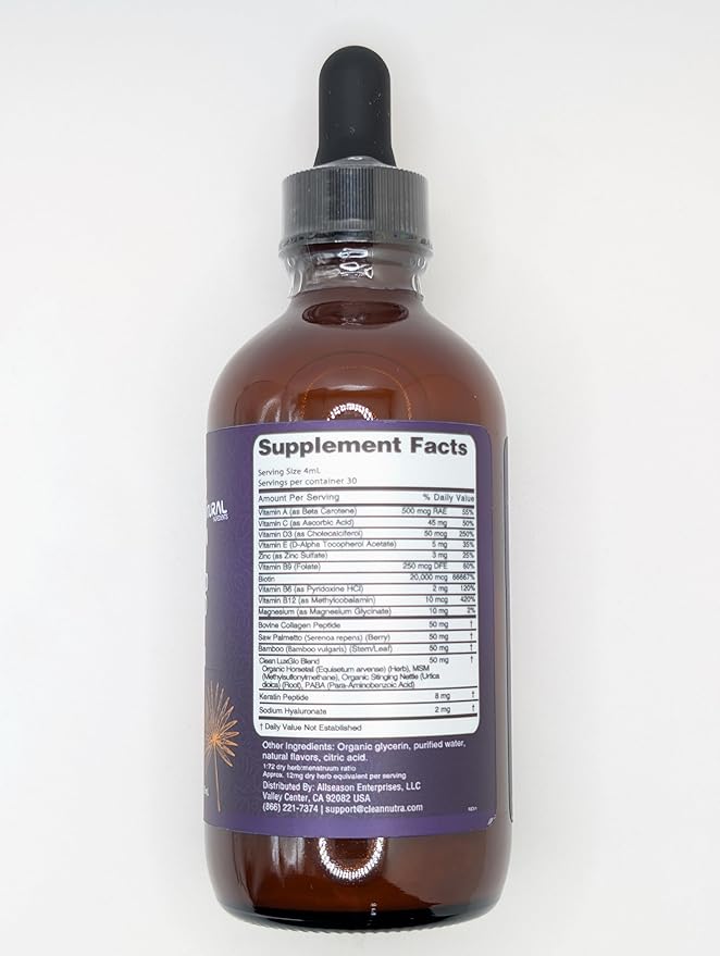 Biotin Liquid Drops Collagen Keratin Hyaluronic Acid Saw Palmetto for Hair Skin and Nails Silica Vitamin A C Vitamin D Bamboo Turmeric Zinc Folate Magnesium Horsetail LuxGlo by Clean Nutra