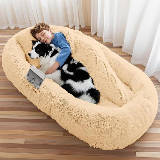 Human Dog Bed for Adults & Pets, 63"x32"x10" XL Faux Fur Nap Bed with Pillow, Blanket & Strap, Orthopedic Washable Lounger for Sleeping, Relaxing, Cuddling – Beige