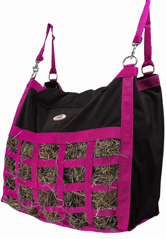 Supreme Slow Feed Top Load Hay Bag with Super Tough Bottom and 6 Month Warranty (Black and Pink)