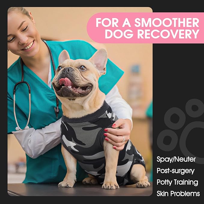 FUAMEY Dog Recovery Suit Male,Dogs Surgery Neuter Suits Puppy Spay Shirts for Female Protect Dog's Skin Anti Licking Abdominal Wounds Doggie Onesie Pet Bodysuit Alternative to Cone Grey Camouflage S